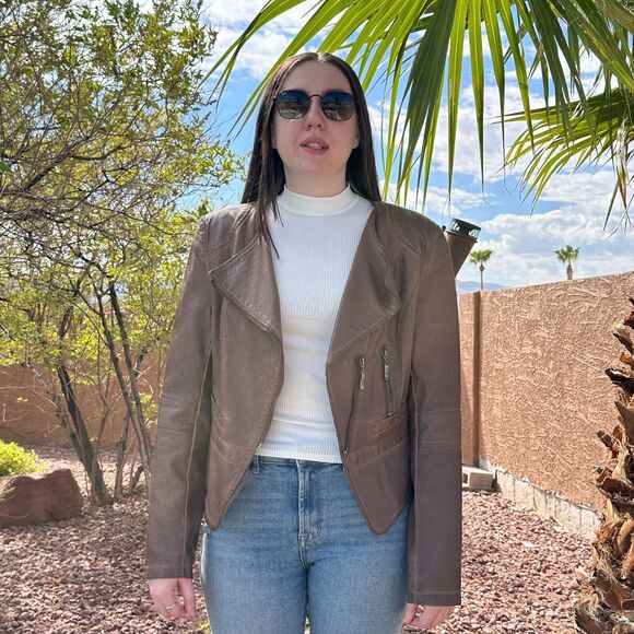 One Community Women's Medium Faux Leather Moto Biker Jacket Brown Zipper - Picture 2 of 8